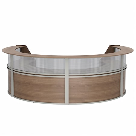 Linea Italia Curved Reception Desk 4 Units, Clear Panel, 142 inW x 107 inD, N. Walnut ZUI318